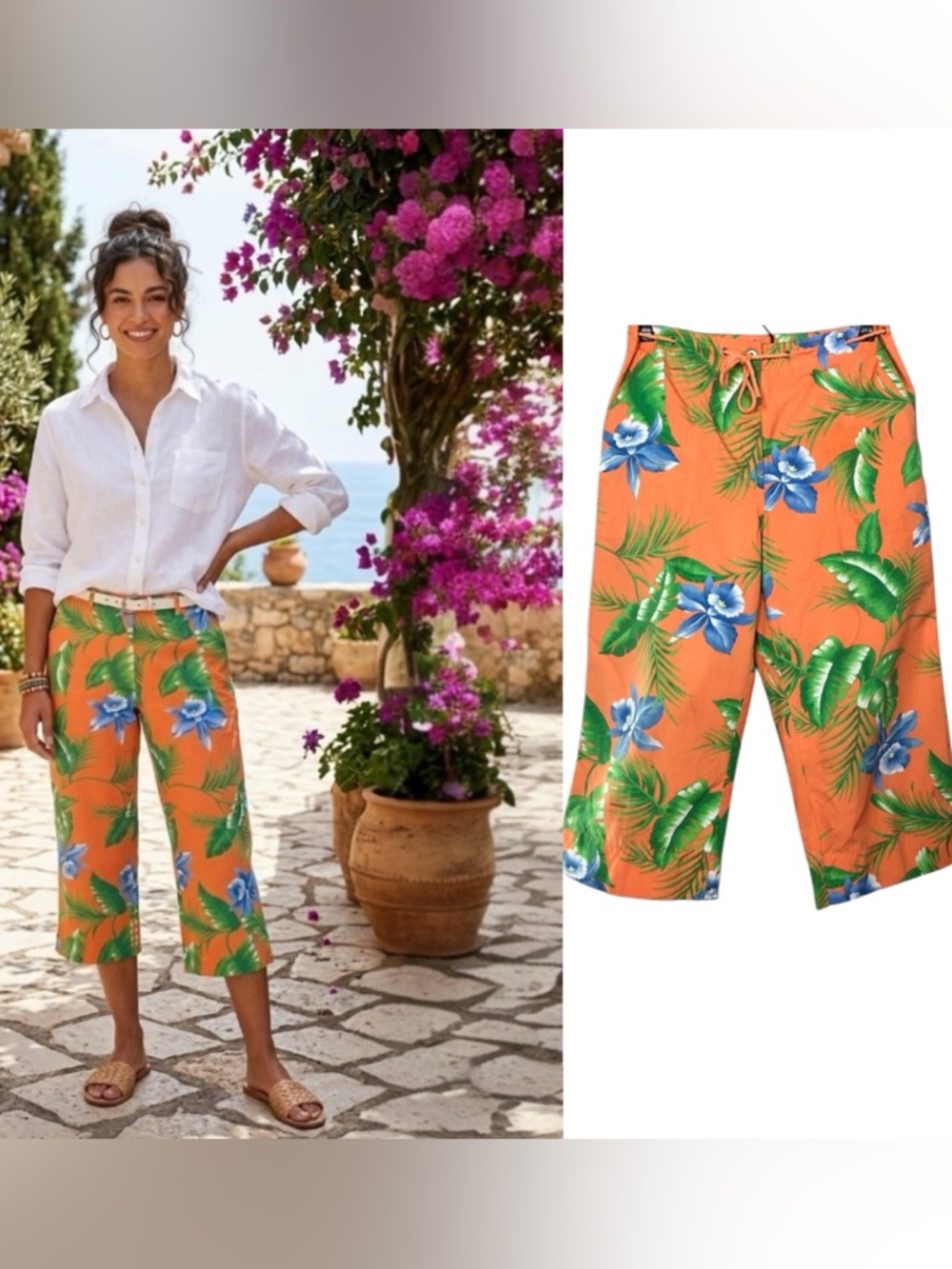 Lauren Ralph Lauren Orange Tropical Floral Orchid Cropped Pants Drawstring 10